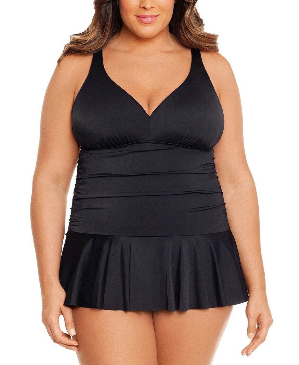 Swim Solutions Plus Size 26W Tummy-Control Skater Swimdress Black One Piece New